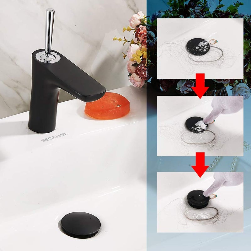 REGALMIX Pop Up Drain, Bathroom Faucet Vessel Vanity Sink Drain Stopper, Built-in Anti-Clogging Strainer, Without Overflow Matt Black,Fits Standard American Drain Hole(1-1/2" to 1-3/4") RWF082G - Image 3